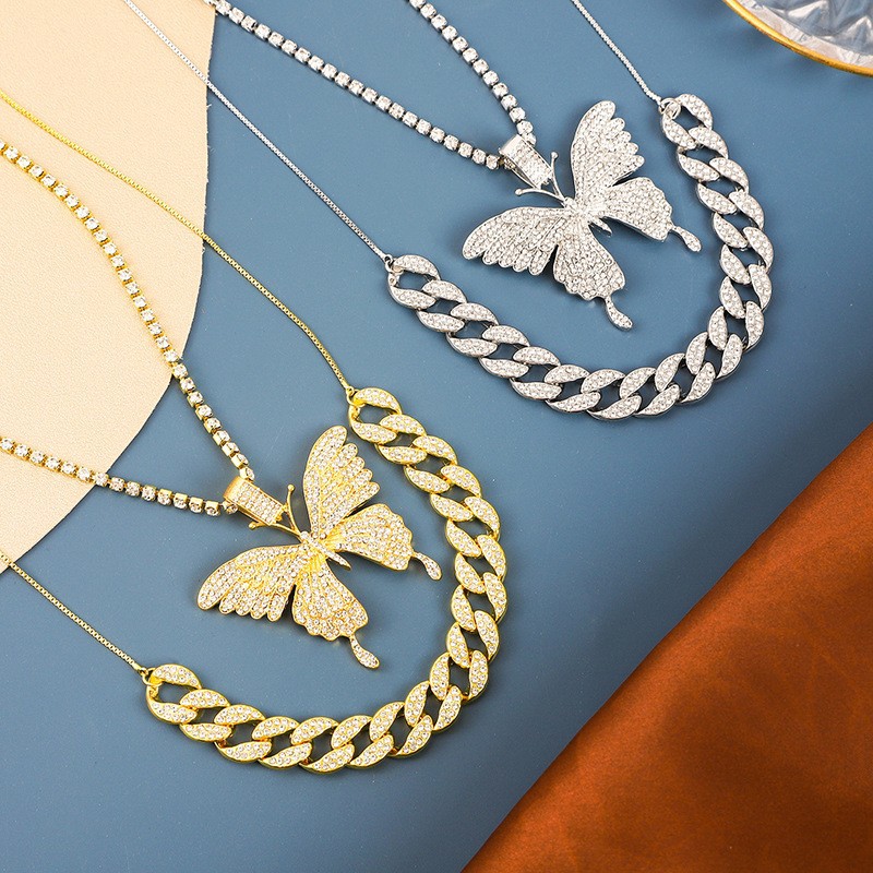 Cuban Link Butterfly Pendant Necklace Full Diamond Street Style_voghion.com