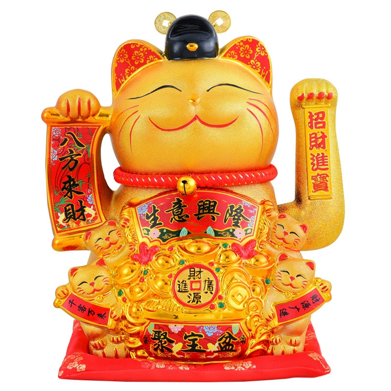 Ceramic Lucky Cat Automatic Waving Figurine, Golden, Plug-in or Rechargeable, Medium–Extra Large