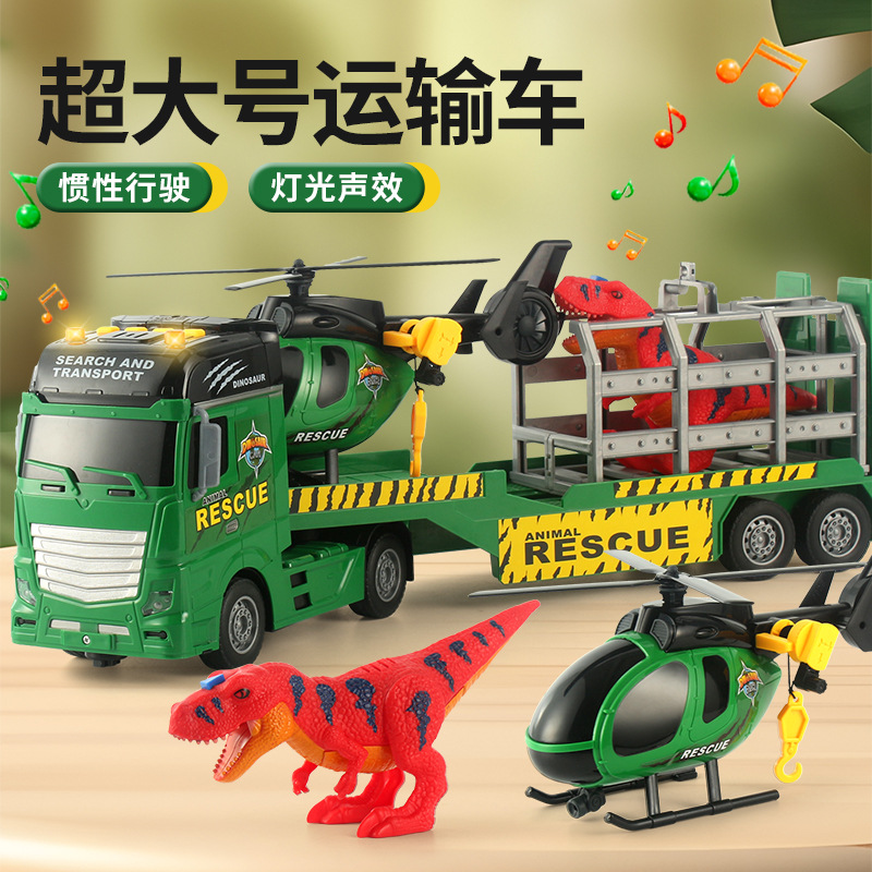 Extra Large Dinosaur Rescue Vehicle Kidsren's Toy Car Flatbed Transporter Engineering Vehicle Helicopter Toy Rescue Trailer