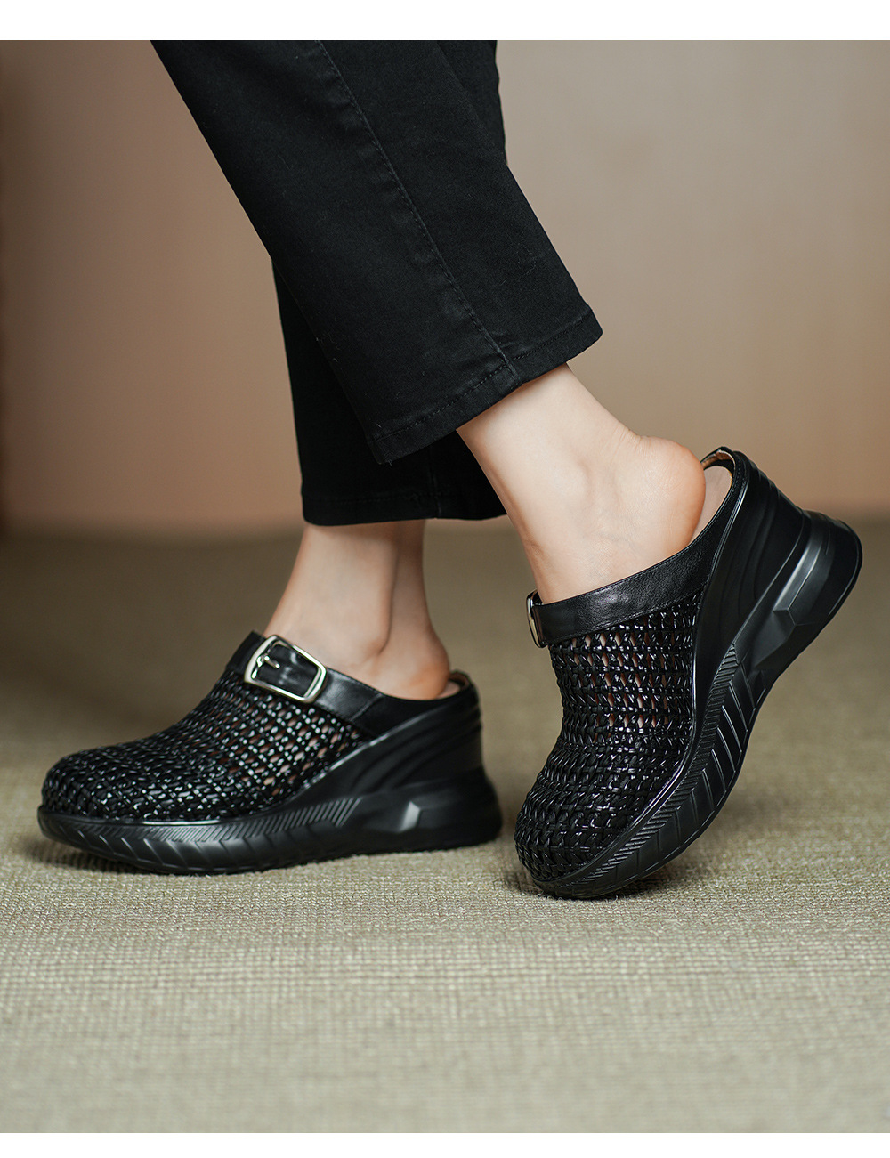 Sandal cao gót nữ mũi hở đế xuồng 8.5cm da thật kiểu La Mã đan lưới — màu đen, màu mơ chi tiết 9