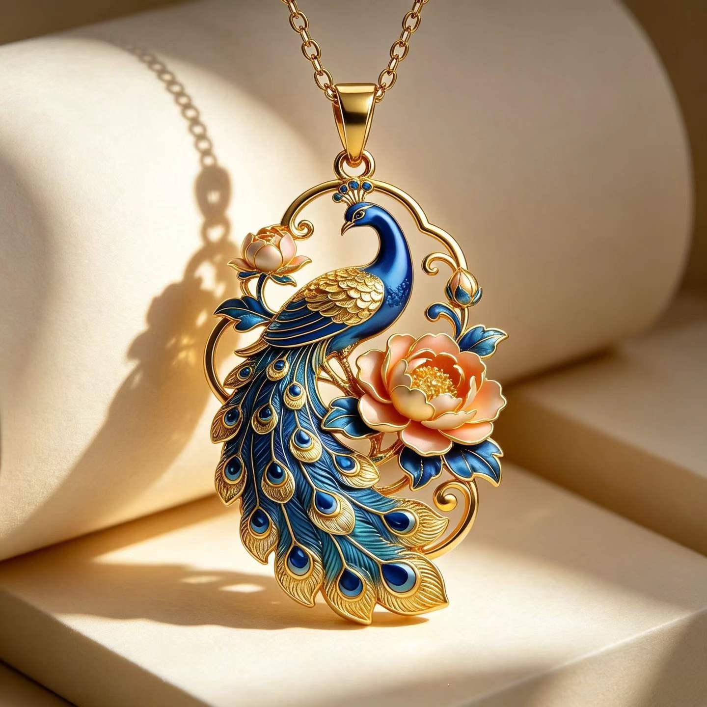 Peacock Feather Pendant Necklace with Enamel Peony Blossom, Exquisite Chinese Style, Retro Design, Perfect Gift for Women