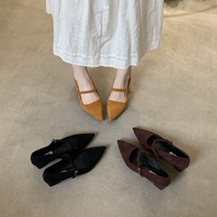 法式一字扣尖头绒面晚晚单鞋女2025新款配裙子绝美浅口玛丽珍瓢鞋