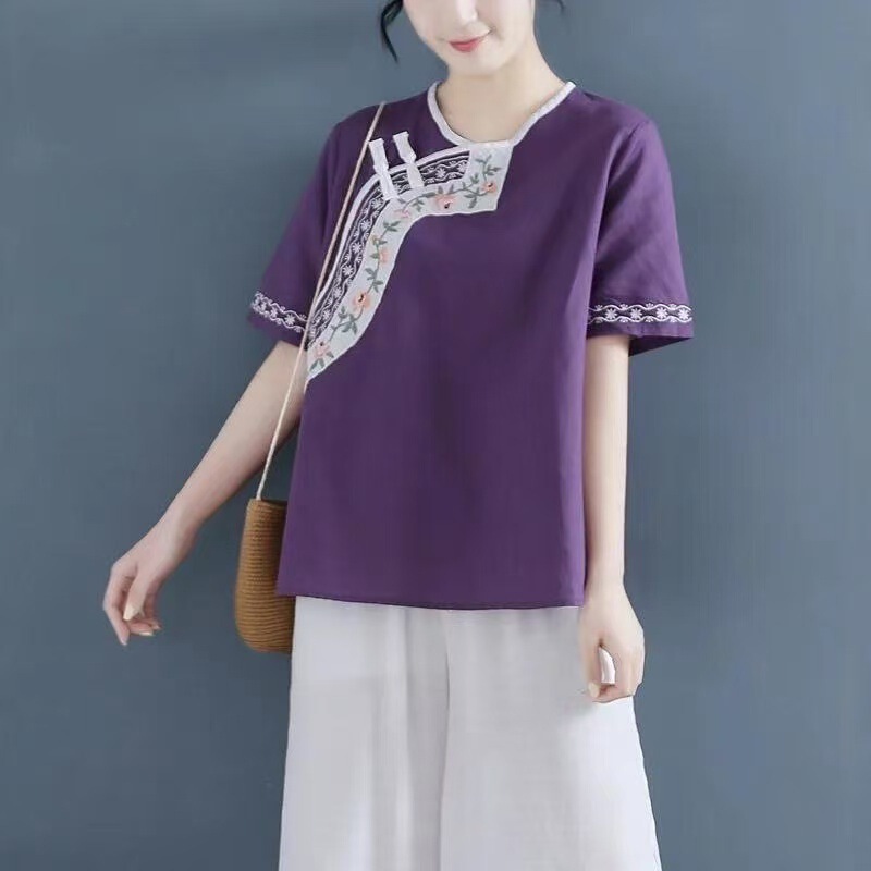 Embroidered Cotton and Linen Base Shirt, Short-Sleeve Shirt, Traditional Chinese Clothing with Button Closure, Vintage Summer Cotton and Linen Shirt for Women, Loose T-Shirt with V-Neck