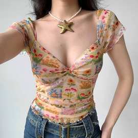 复古油画感小碎花领短袖上衣夏季新款纯欲绝美网纱边辣妹恤