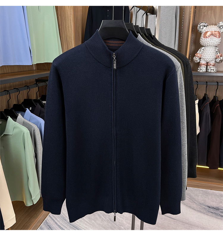 Áo len cardigan nam Haggis 100% len dày dặn có khóa kéo dệt kim cổ đứng — màu đen chi tiết 13
