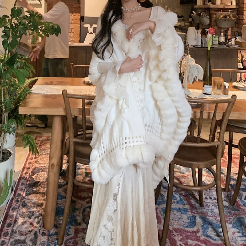 Lazy Style Cable-Knit Autumn and Winter New Fur Collar Cape Shawl, Solid Color Versatile Thick Warm Coat for Women