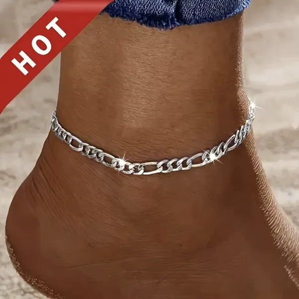 Cross-Border Trade Hot-Selling Bohemian Silver-Plated Figaro Three-Link Anklet 4mm Fashionable and Elegant Foot Jewelry