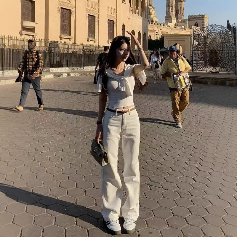 Good Morning, Fanfan, Old Money Style Straight White Jeans for Women, New Spring High-Waisted Korean Fashion Wide-Leg Floor-Length Pants Good Morning, Fanfan, Old Money Style Straight White Jeans for Women, New Spring High-Waisted Korean Fashion Wide-Leg Floor-Length Pants