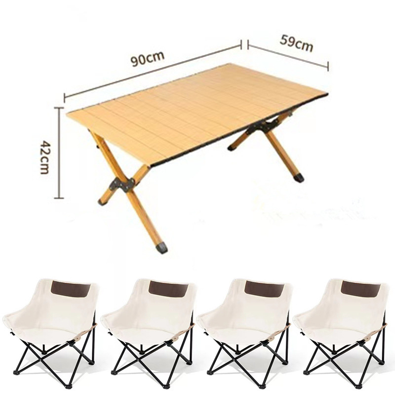 하이 퀄리티 탄소강 옐로우 우드 그레인 (중간) 달걀 롤 테이블 + 블랙 문 의자 * 4