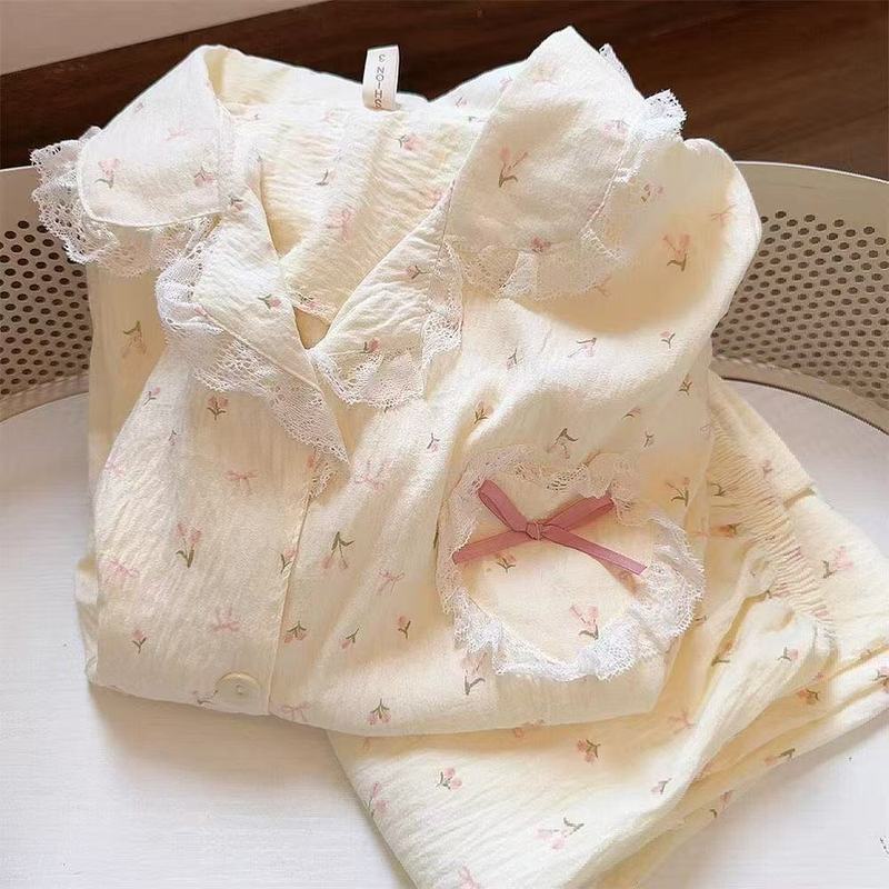 Japanese Floral Pajamas Women's Spring and Autumn New Cloud Cotton Cute Lace Cardigan Long Sleeve Trousers Home Clothes suit