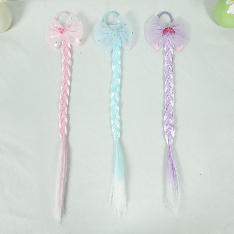Children's Mesh Wig Braids Cute Princess Style Braided Wig Girls Bow Ponytail Wig Braids