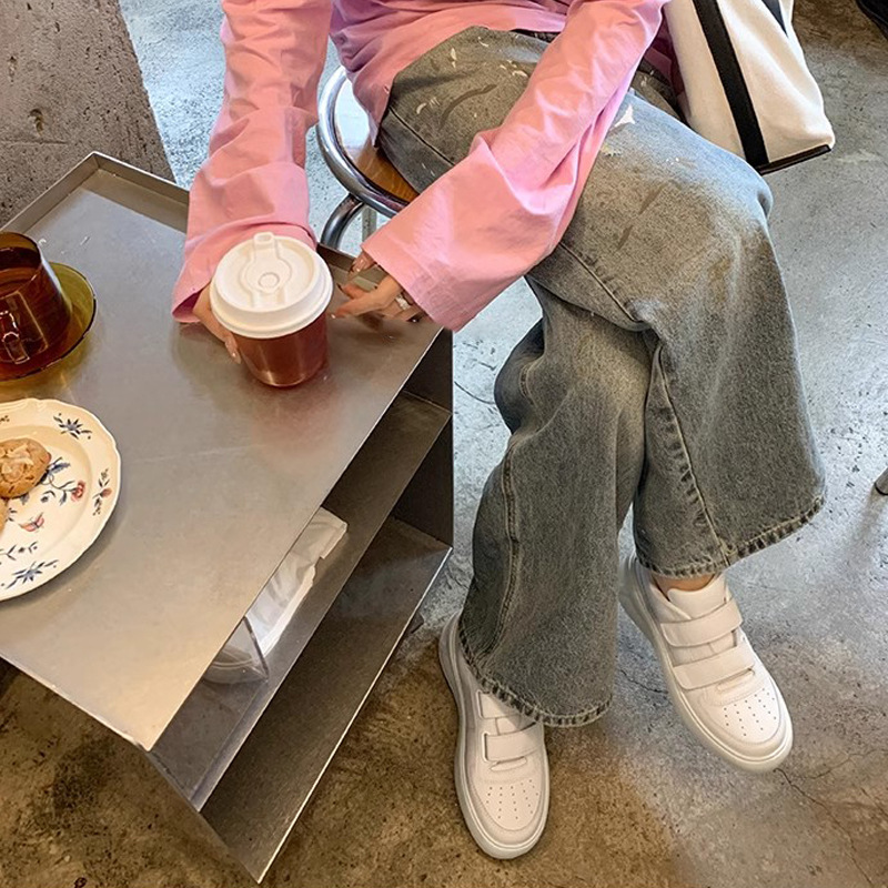 El mismo estilo de Su Yinyin, Little Fat Ding ~ Smiley Velcro plataforma de elevación zapatos deportivos casuales zapatos blancos de mujer