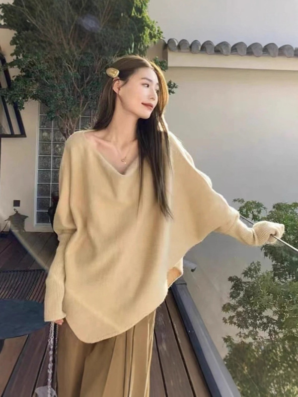 慵懒风V领针织衫毛衣外套2025春秋新款不规则设计感蝙蝠袖女上衣|undefined