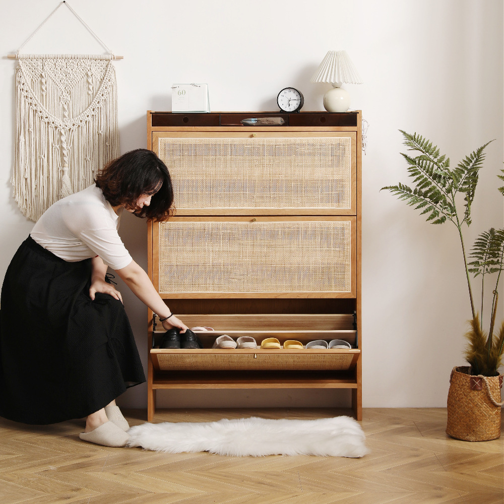 Small Rattan Shoe Cabinet, Rattan Solid Wood Entrance Cabinet with Flip-Down Door, Japanese Retro Storage Foyer Partition Cabinet, Can Be Used