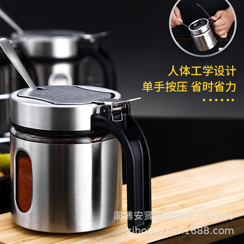 Tarro de condimento botella de condimento de vidrio traje caja de condimento tapa de acero inoxidable con cuchara tarro de sal tarro de pimienta gran cocina doméstica