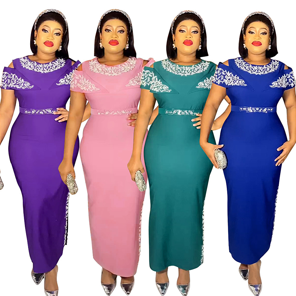 Elegante vestido largo ajustado con diseño de diamantes de imitación y mangas estilo capa: moda africana de talla grande para el trabajo y la noche._voghion.com