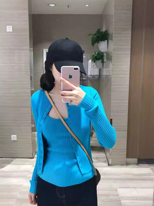 韩系显白蓝色甜辣妹针织吊带开衫两件套女早秋季2025新款长袖套装|undefined