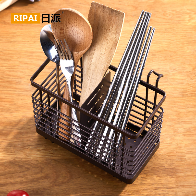 Japanese kitchen chopstick tube chopstick cage knife, fork, chopsticks and spoon storage rack household wall-mounted drain-free punch-free iron storage rack