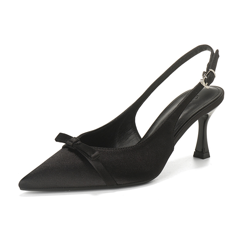 2025 temperamento de la dama francesa puntiagudo bowknot zapatos de tacón de aguja de una sola mujer satén de todo fósforo puntera trasera sandalias vacías
