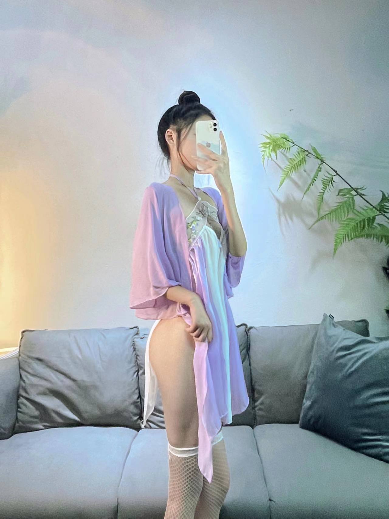 Maid Roleplay Costume Set with Halter Hanfu Top, Chiffon Fabric, Purple Three-piece — detail image 8