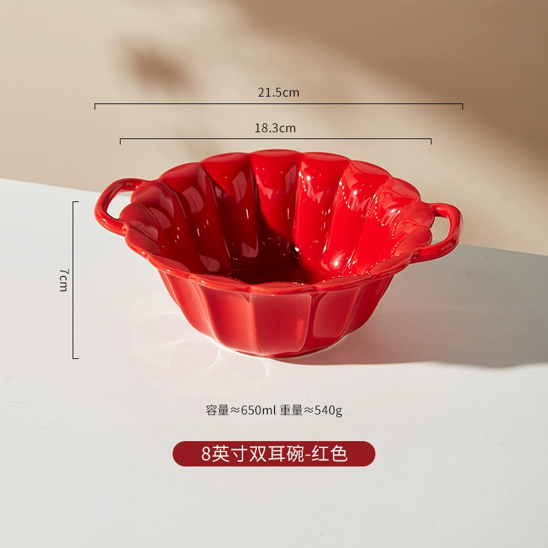 Ceramic tableware set, Chinese‑style capacious soup bowls and plates, red heart rim, multiple sizes