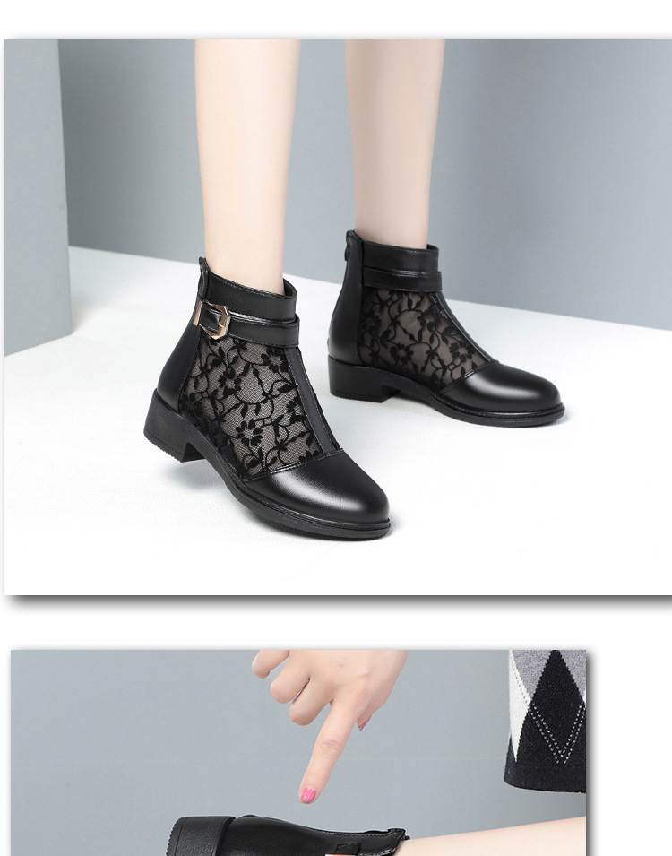 Boot lưới nữ đế thấp da thật mũi hở gót thấp kiểu dáng thoáng mát — màu đen chi tiết 14