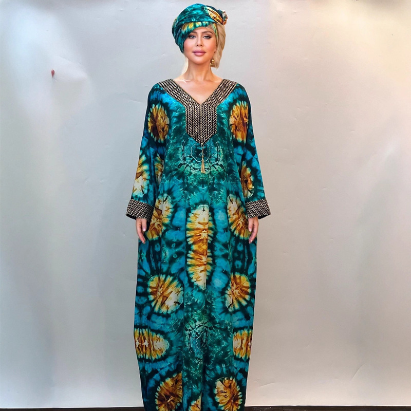 Ah8850 #   New Style Loose-Fitting Round-Neck Dress with Rhinestones and Tassels, Made of Rayon with Double-Sided Print, Long Skirt and Robe.