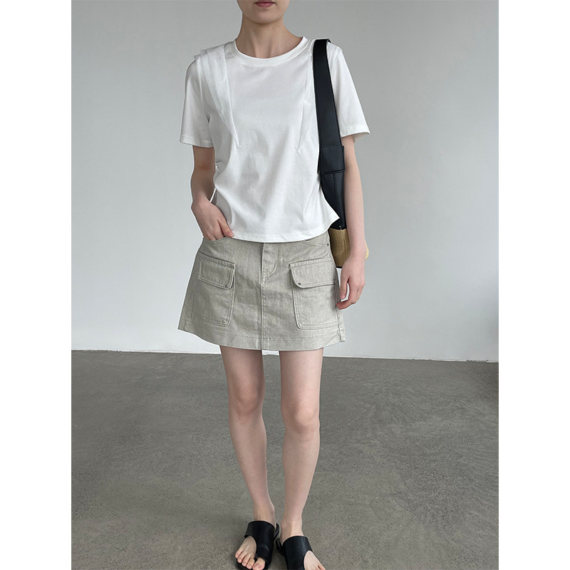 滔川  韩系网纱拼接整件T恤女2026夏圆领收腰显瘦小衫上衣M8715