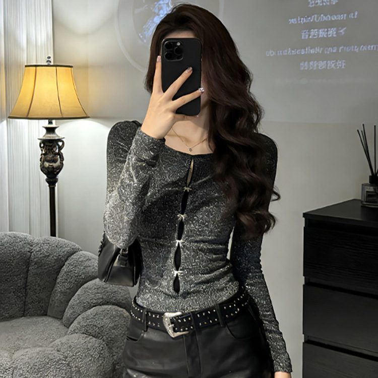 Trendy Hot Girl Style Reversible Rhinestone-Embellished Long-Sleeve Top for Women, Spring and Autumn, Stylish Slim-Fit Blouse Trendy Hot Girl Style Reversible Rhinestone-Embellished Long-Sleeve Top for Women, Spring and Autumn, Stylish Slim-Fit Blouse