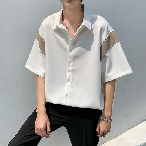 Summer Harbor Wind Japanese Style Splicing Ice Silk Men's Short Sleeve Loose Casual Bad Boy Trendy Five Finger Sleeve Shirt Outerwear