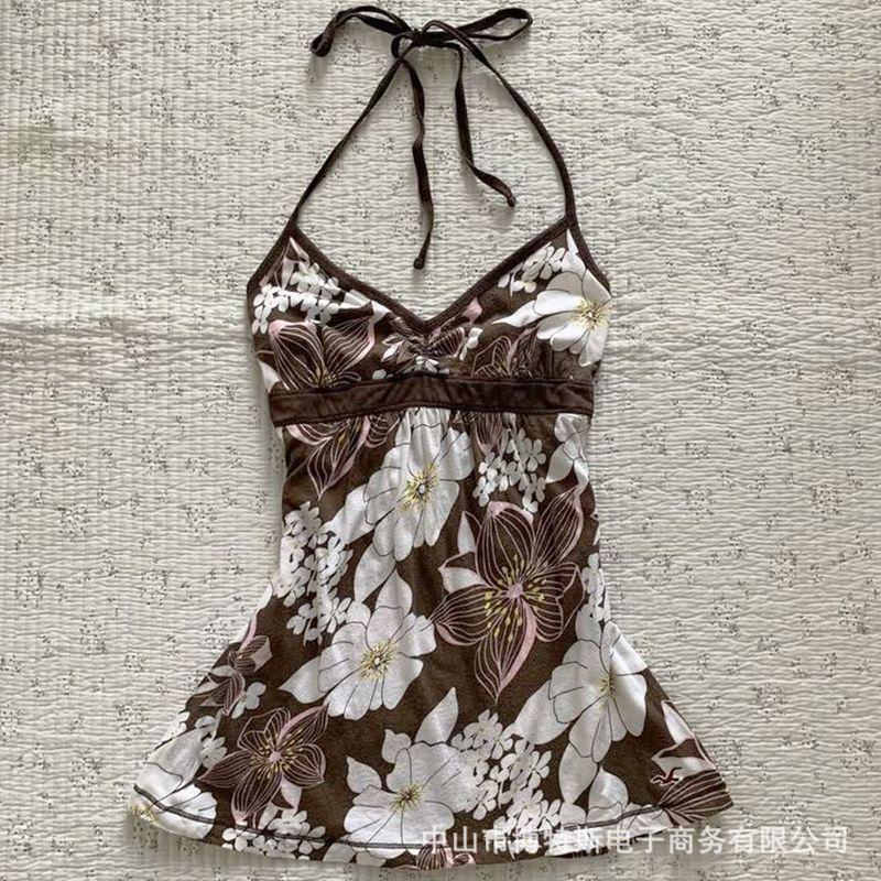 Cross-Border New Retro Vacation Style Summer Fresh Versatile Waist-Cinching Slimming Hot Girl Halter Neck Tank Top Cross-Border New Retro Vacation Style Summer Fresh Versatile Waist-Cinching Slimming Hot Girl Halter Neck Tank Top