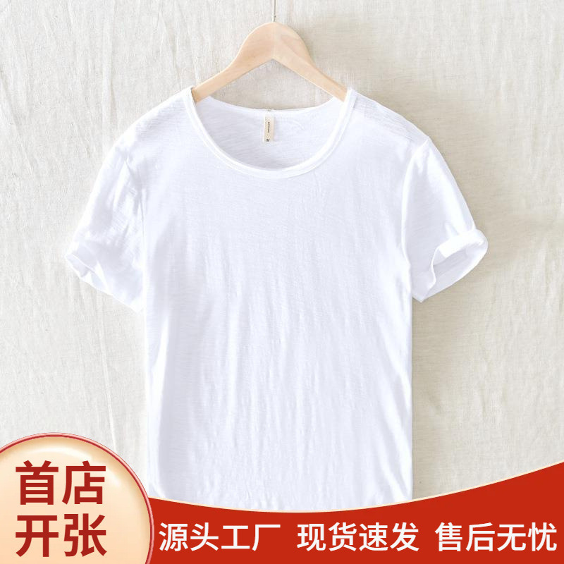 Summer Japanese-Style Thin White Bamboo Cotton Short-Sleeve T-Shirt for Men with Rolled Hem, Round Neck, Trendy Versatile Base Shirt Summer Japanese-Style Thin White Bamboo Cotton Short-Sleeve T-Shirt for Men with Rolled Hem, Round Neck, Trendy Versatile Base Shirt
