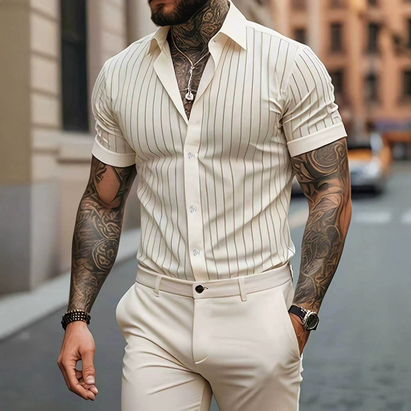 Summer Slim-Fit Short-Sleeved Shirt for Men, Vertical Striped Business Casual Shirt, Men's Muscle-Slimming Stretchy Men's Shirt