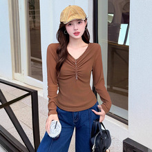 时尚洋气质V领长袖网纱T恤衫女2025春秋新款韩版百搭打底上衣小衫