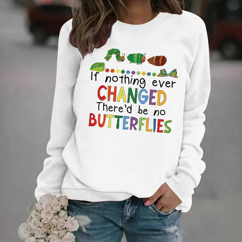 Loose Casual Women's Sweatshirt with Playful Caterpillar Letter Elements Pattern Print Foreign Trade Women's Round Neck Sports Sweatshirt