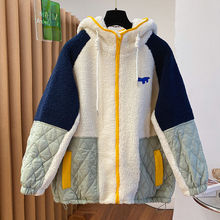 韩国韩版撞色拼接羊羔毛棉服外套女秋冬大版宽松显瘦胖夹棉上衣