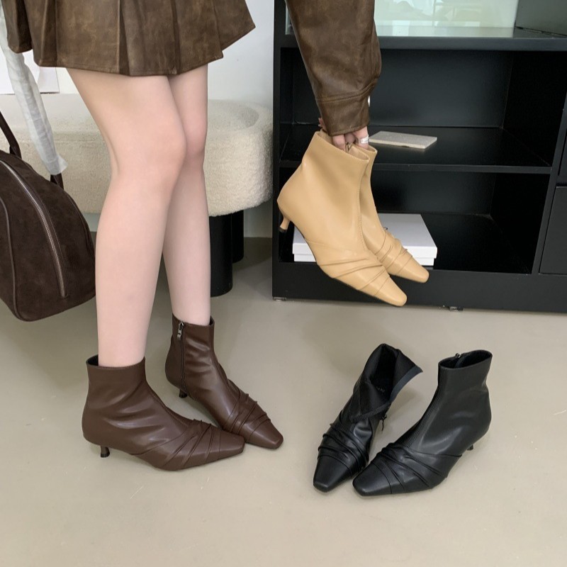 法式复古方头弹力瘦瘦靴女2025新款侧拉链细跟高跟短靴百搭时装靴|undefined