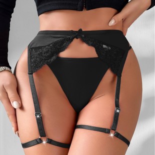 European and American New Sexy Lingerie Sexy Deep V Lace See-Through Thin Three-Point Garter Belt Set Export Ready Stock