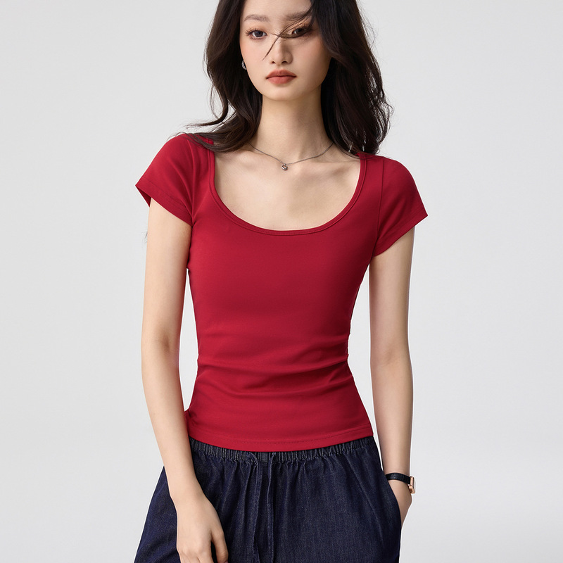 40-Count Combed Pure Cotton Large U-Neck Gentle and Alluring Short-Sleeve T-Shirt for Women, Summer Slim-Fit Top That Shows Off the Collarbone 40-Count Combed Pure Cotton Large U-Neck Gentle and Alluring Short-Sleeve T-Shirt for Women, Summer Slim-Fit Top That Shows Off the Collarbone