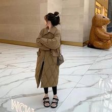 2024新款韩版羽绒服女长款针织帽娃娃领菱形格宽松过膝加厚外套潮