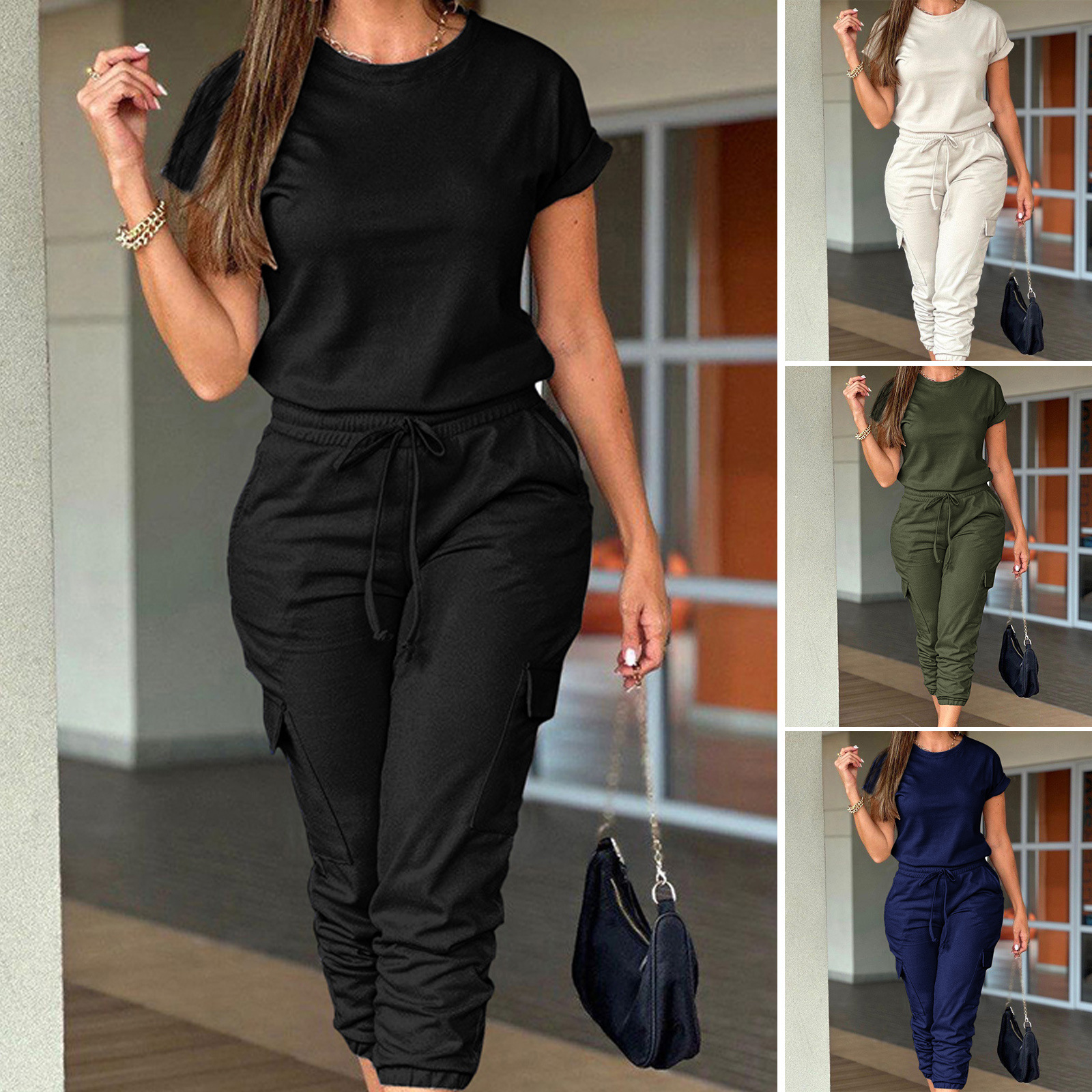Diyun Cross-Border Women's Clothing 2025 Spring and Summer Amazon European and American Casual Workwear Short-Sleeved Leg-Tie One-Piece Pants