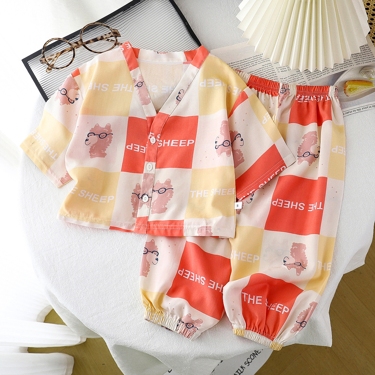 Ropa de hogar para niños, traje de seda de algodón, pijamas de verano para niños y niñas, ropa de algodón de dos piezas, ropa de aire acondicionado de seda de algodón de dos piezas, ropa para niños