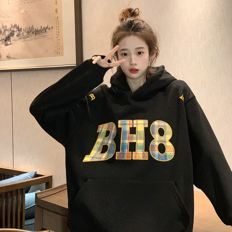 Трансграничный китайский хлопковый композитный настоящий супер-бархатный толстый толстый свитой женский осенний и зимний свободный дизайн с вышивкой с капюшоном Корейский топ