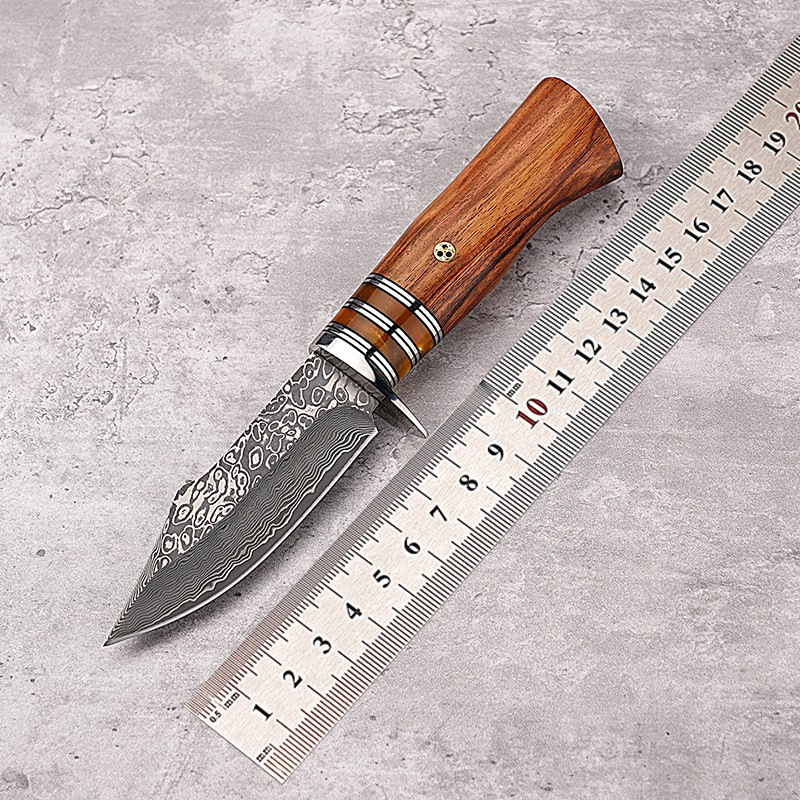 工厂现货代发大马士革钢直刀户外战术刀水果刀实木手柄水波纹刀刃