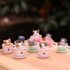 ミニチュアティーカップ猫フィギュアモデル、コーヒーカップ子犬フィギュア、デスクトップケーキデコレーション、小さな置物完成品