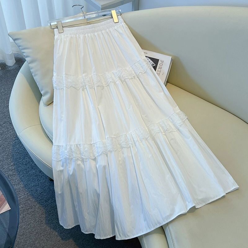 White Fluffy Cake Skirt for Women, Summer High-Waisted Slimming Drapey Lace-Trimmed Large Hem Skirt, Mid-Length Skirt