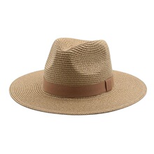 男士草帽黑色织带巴拿马草编礼帽平檐户外春夏遮阳沙滩帽爵士防晒