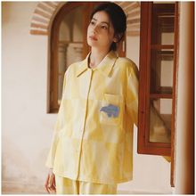 秋冬全棉磨毛新款翻领家居服卡通大象口袋后背刺绣长袖睡衣套装