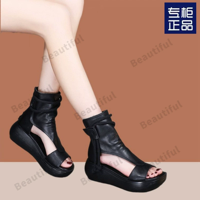 Брендовые распродажа больших размеров, мягкие кожаные сандалии для женщин, летняя верхняя одежда для беременных, сандалии на танкетке с толстой подошвой, сандалии на плоской подошве в этническом стиле, ботинки