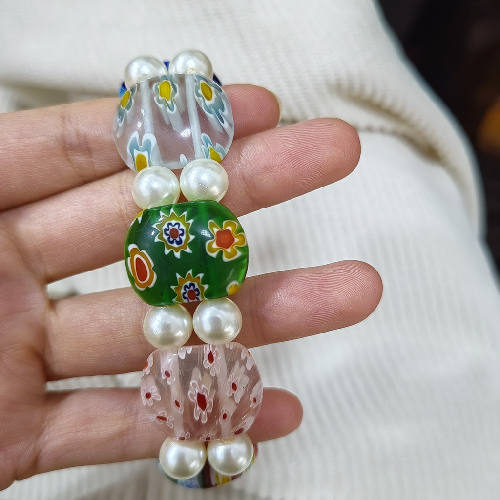 50g Weight Stretch Adjustable Clasp Closure Type Bracelets Classification glass Chain Material 1 Piece Quantity Daily Occasion glass Material Round, Flower Pattern All Seasons Season Women's Gender Handmade Design Pastoral Style Pastoral Round Flower Glass Stretch Adjustable Beaded Bracelets Wholesale 15